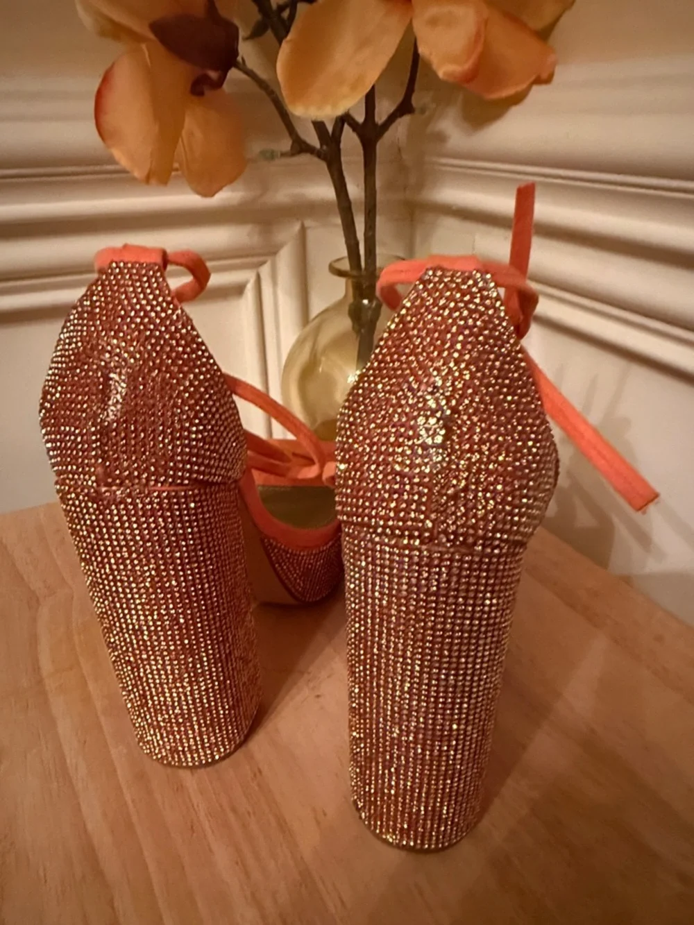 EGO Orange Rhinestone Platform Block Heels with Ankle Tie Uk 4 /‎ US 6